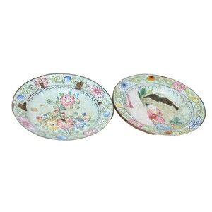 2 Vtg Chinese Enamel Small bowls Dishes Flaws 3" Hand painted floral